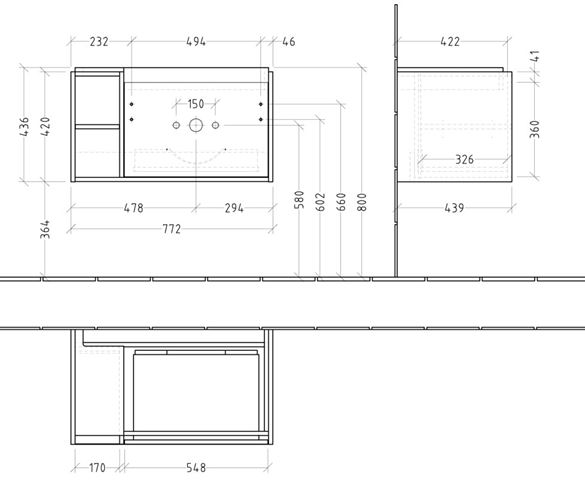 VILLEROY & BOCH SKYLA skrinka pod umývadlo 77,2x43,9x43,6 cm, 1 zásuvka, 2 police, brilliant white C78700VE Technický nákres