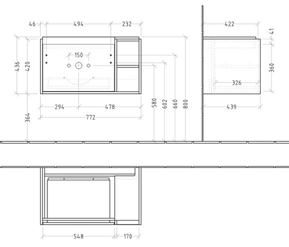 VILLEROY & BOCH SKYLA skrinka pod umývadlo 77,2x43,9x43,6 cm, 1 zásuvka, 2 police, brilliant white C78800VE Technický nákres