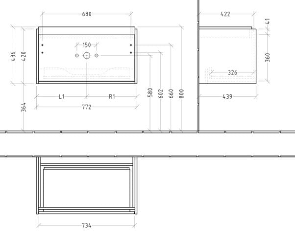 VILLEROY & BOCH SKYLA skrinka pod umývadlo 77,2x43,9x43,6 cm, 1 zásuvka, brilliant white C78600VE Technický nákres