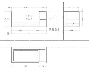 VILLEROY & BOCH SKYLA skrinka pod umývadlo 97,2x43,9x43,6 cm, 1 zásuvka, 2 police, brilliant white C79100VE Technický nákres