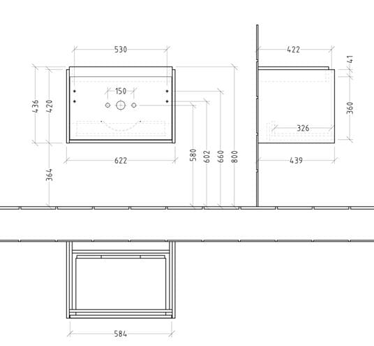 VILLEROY & BOCH SKYLA skrinka pod umývadlo 62,2x43,9x59,6 cm, 1 zásuvka, soft green C78500AF Technický nákres