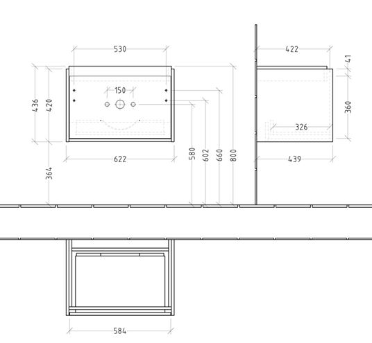 VILLEROY & BOCH SKYLA skrinka pod umývadlo 62,2x43,9x59,6 cm, 1 zásuvka, brilliant white C78500VE Technický nákres