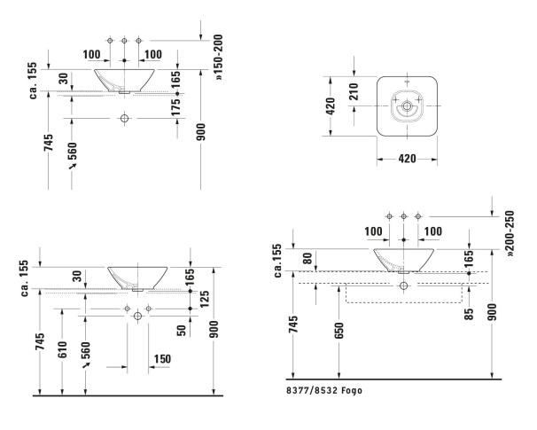 DURAVIT BACINO umývadlo na dosku 42 cm, s prepadom, DuraShield 033342AA00 Technický nákres