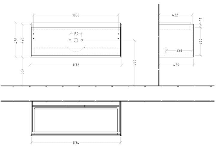 VILLEROY & BOCH SKYLA skrinka pod umývadlo 117,2x43,9x43,6 cm, 1 zásuvka, soft green C79200AF Technický nákres