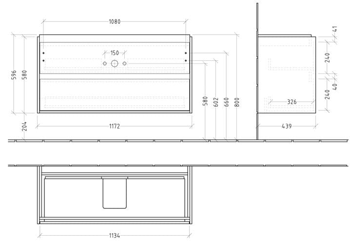 VILLEROY & BOCH SKYLA skrinka pod umývadlo 117,2x43,9x59,6 cm, 2 zásuvky, brilliant white C80000VE Technický nákres