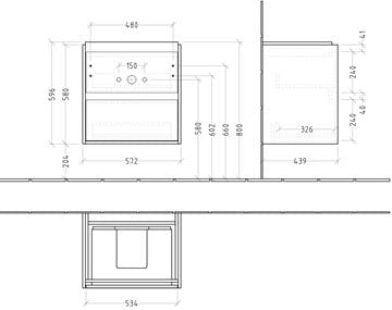 VILLEROY & BOCH SKYLA skrinka pod umývadlo 57,2x43,9x59,6 cm, 2 zásuvky, brilliant white C79400VE Technický nákres