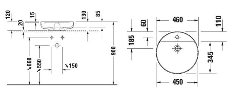 DURAVIT VITRIUM umývadlová misa 46 cm, s otvorom pre batériu, bez prepadu, matná hodvábne biela 2662463271 Technický nákres