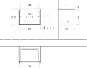 VILLEROY & BOCH SKYLA skrinka pod umývadlo 57,2x43,9x43,6 cm, 1 zásuvka, brilliant white C78400VE Technický nákres