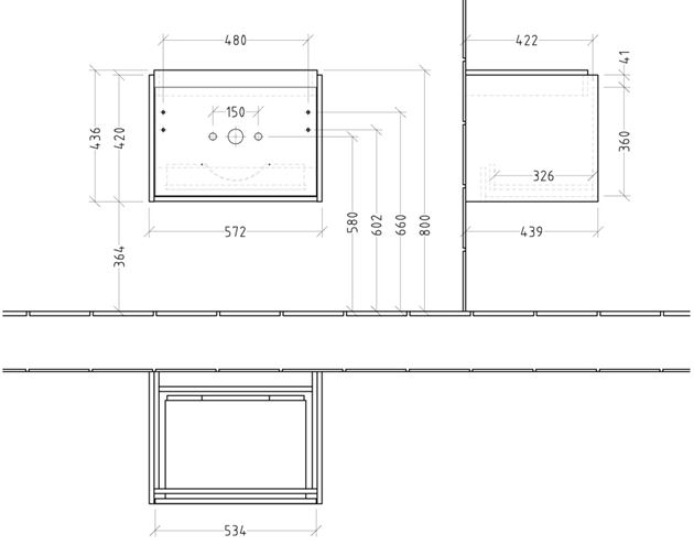VILLEROY & BOCH SKYLA skrinka pod umývadlo 57,2x43,9x43,6 cm, 1 zásuvka, brilliant white C78400VE Technický nákres