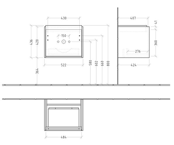 VILLEROY & BOCH SKYLA skrinka pod umývadlo 52,2x42,4x43,6 cm, 1 zásuvka, brilliant white C78300VE Technický nákres