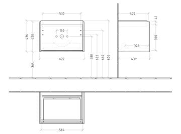 VILLEROY & BOCH SKYLA skrinka pod umývadlo 62,2x43,9x59,6 cm, 1 zásuvka, nordic oak C78500VJ Technický nákres