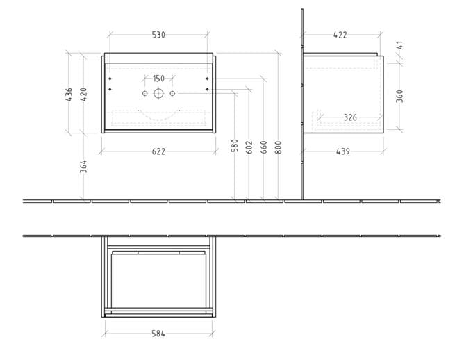 VILLEROY & BOCH SKYLA skrinka pod umývadlo 62,2x43,9x59,6 cm, 1 zásuvka, nordic oak C78500VJ Technický nákres