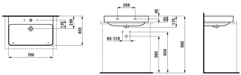 LAUFEN PRO S umývadlo 70 cm, s otvorom pre batériu a prepadom H8169670001041 Technický nákres