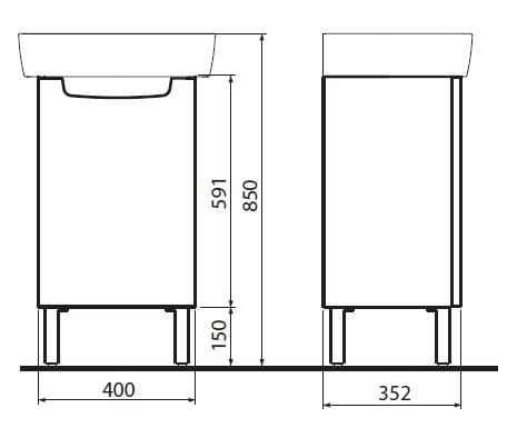 KOLO REKORD skrinka pod umývadlo 40,7x34,3x59,1 cm, 1 dvierka, lesklá biela 89543000 Technický nákres