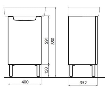 KOLO REKORD skrinka pod umývadlo 40,7x34,3x59,1 cm, 1 dvierka, lesklá biela 89543000 Technický nákres