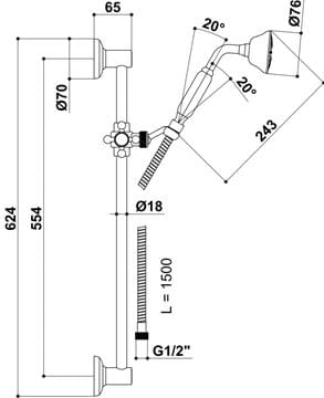 RAF OTELLO sprchová súprava 3-dielna, ručná sprcha pr. 76 mm, tyč, hadica, chróm SK511 Technický nákres