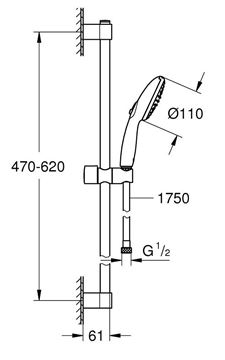GROHE TEMPESTA 110 sprchová súprava 3-dielna, ručná sprcha pr. 110 mm, tyč, hadica, chróm 26915003 Technický nákres