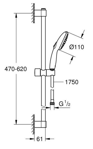 GROHE TEMPESTA 110 sprchová súprava 3-dielna, ručná sprcha pr. 110 mm, tyč, hadica, chróm 26915003 Technický nákres