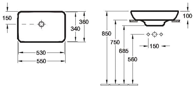 VILLEROY & BOCH VENTICELLO umývadlo 55 cm, s prepadom 41135501 Technický nákres