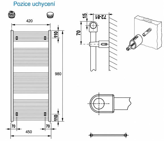 CONCEPT 100 KTK kúpeľňový radiátor 980/450, bočné pripojenie, biela RAL9016 KTK-098045-11-10 Technický nákres