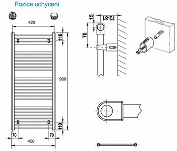 CONCEPT 100 KTK kúpeľňový radiátor 980/450, bočné pripojenie, biela RAL9016 KTK-098045-11-10 Technický nákres
