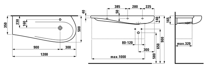 LAUFEN ILBAGNOALESSI ONE umývadlo 120 cm, s otvorom pre batériu a prepadom, LCC H8149744001041 Technický nákres