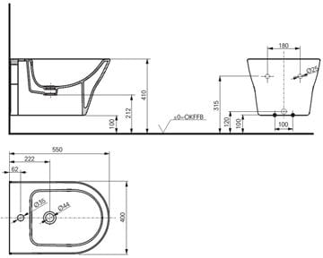 TOTO MH závesný bidet, CeFiONtect BW10045G1 Technický nákres
