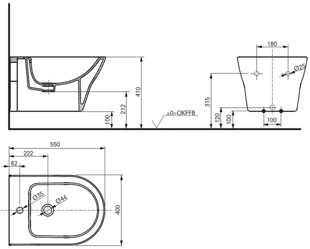 TOTO MH závesný bidet, CeFiONtect BW10045G1 Technický nákres