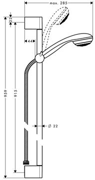 HANSGROHE CROMETTA 85 MONO 1JET sprchová súprava 3-dielna, ručná sprcha pr. 85 mm, tyč, hadica, chróm 27729000 Technický nákres