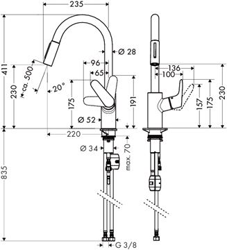 HANSGROHE FOCUS M41 drezová batéria, s vyťahovacou sprškou, nerez 31815800 Technický nákres