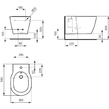 CONCEPT CUBE závesný bidet, alpská biela E799601 Technický nákres