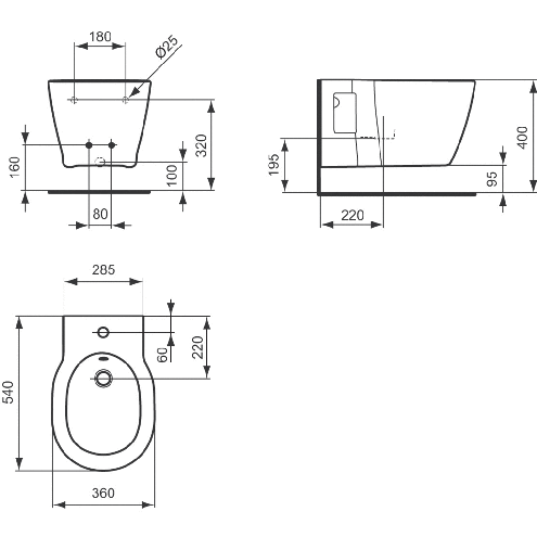 CONCEPT CUBE závesný bidet, alpská biela E799601 Technický nákres