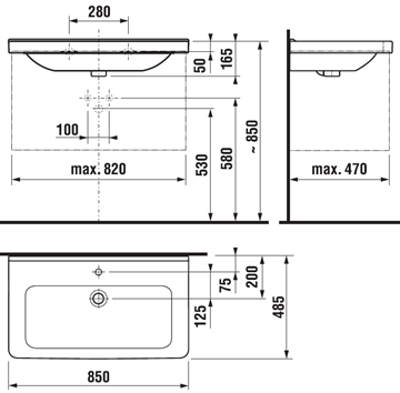 JIKA CUBITO umývadlo 85 cm, s otvorom pre batériu a prepadom H8104260001041 Technický nákres