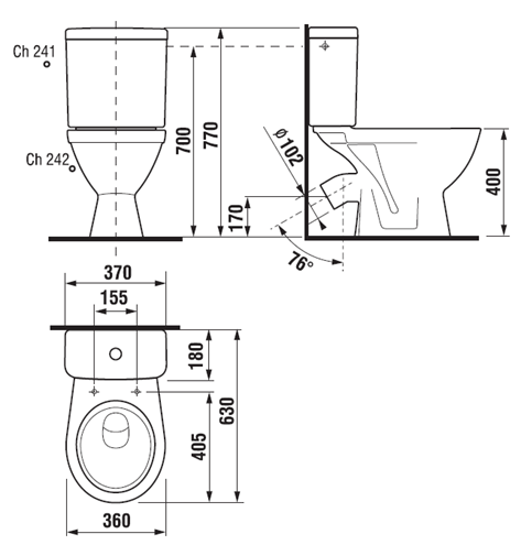 JIKA LYRA PLUS WC kombi, Dual-Flush, šikmý odpad, bočné napúšťanie H8263840002413 Technický nákres