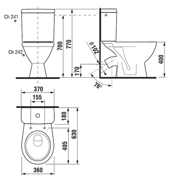 JIKA LYRA PLUS WC kombi, Dual-Flush, šikmý odpad, bočné napúšťanie H8263840002413 Technický nákres