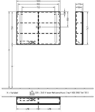 VILLEROY & BOCH VERITY LINE zrkadlová skrinka 100x75x17,3 cm, osvetlenie, so zväčšovacím zrkadlom, vypínačom a el. zásuvkou, hliník, strieborná B307F100 Technický nákres