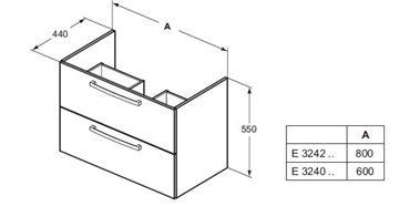 IDEAL STANDARD TEMPO skrinka pod umývadlo 80x44x55 cm, 2 zásuvky, lesklá biela E3242WG Technický nákres