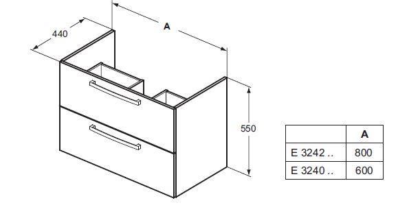 IDEAL STANDARD TEMPO skrinka pod umývadlo 80x44x55 cm, 2 zásuvky, lesklá biela E3242WG Technický nákres