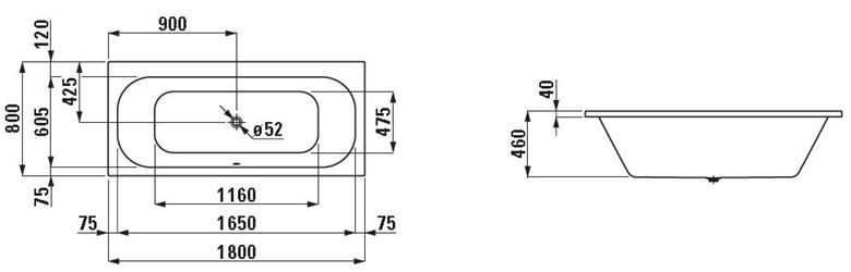 LAUFEN SOLUTIONS vaňa 180x80 cm, bez nožičiek, akrylát H2245000000001 Technický nákres