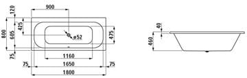 LAUFEN SOLUTIONS vaňa 180x80 cm, bez nožičiek, akrylát H2245000000001 Technický nákres