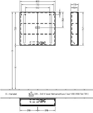 VILLEROY & BOCH VERITY LINE zrkadlová skrinka 80x75x17,3 cm, osvetlenie, so zväčšovacím zrkadlom, vypínačom a el. zásuvkou, hliník, strieborná B307F800 Technický nákres