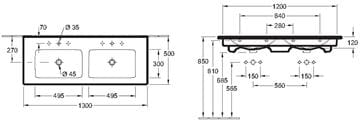 VILLEROY & BOCH VERITY LINE dvojumývadlo 130 cm, s 2 otvormi pre batériu a prepadom, alpská biela 4A11DL01 Technický nákres