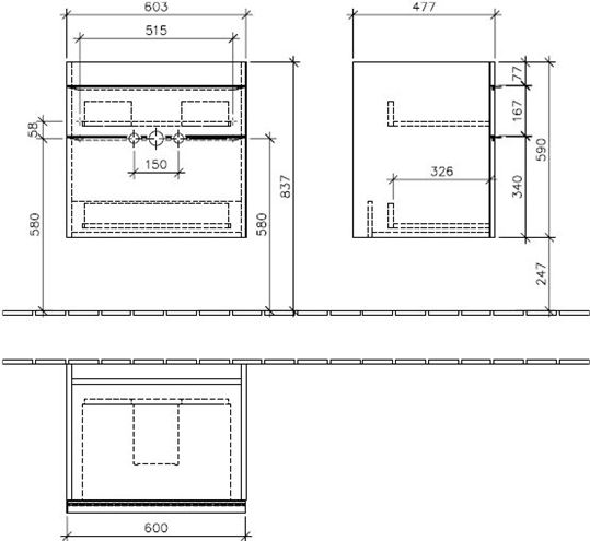 VILLEROY & BOCH VENTICELLO skrinka pod umývadlo 60,3x50,2x59 cm, 2 zásuvky, Glossy White A92401DH Technický nákres