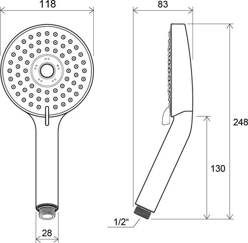 RAVAK 953.00 ručná sprcha Flat M pr. 118 mm, 3 prúdy, chróm X07P009 Technický nákres