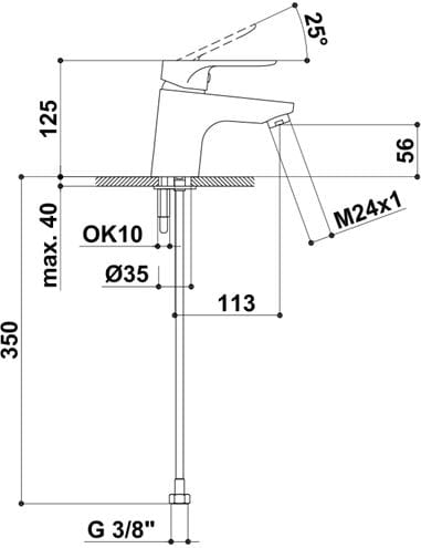RAF ROMA umývadlová stojanková batéria, chróm RO26 Technický nákres