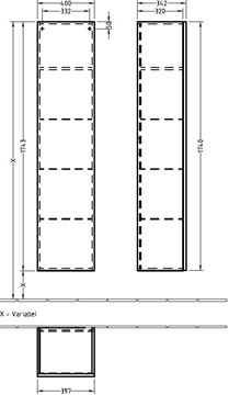 VILLEROY & BOCH VERITY LINE vysoká skrinka 40x34,2x174,3 cm, 1 dvierka, pánty vľavo, Push-open, Oak Nebraska B65200PJ Technický nákres