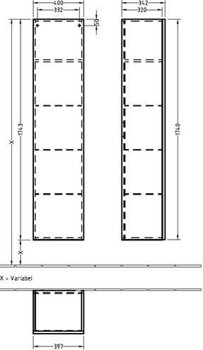 VILLEROY & BOCH VERITY LINE vysoká skrinka 40x34,2x174,3 cm, 1 dvierka, pánty vľavo, Push-open, Oak Nebraska B65200PJ Technický nákres