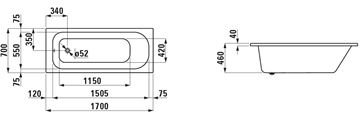 LAUFEN SOLUTIONS vaňa 170x70 cm, bez nožičiek, akrylát H2225000000001 Technický nákres