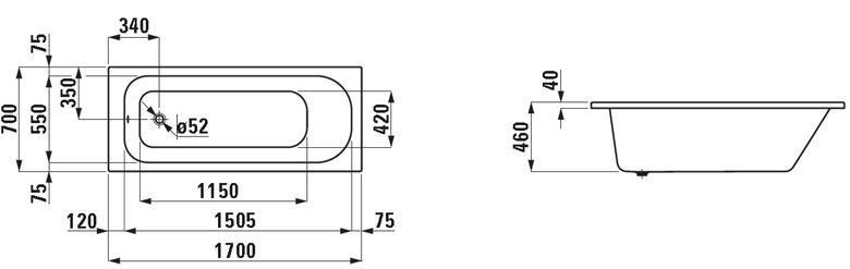 LAUFEN SOLUTIONS vaňa 170x70 cm, bez nožičiek, akrylát H2225000000001 Technický nákres