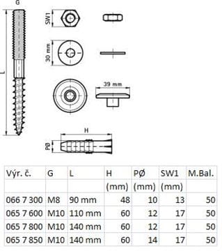 WALRAVEN BIS sada na upevnenie umývadiel 10x110mm, oceľ 0657600 Technický nákres